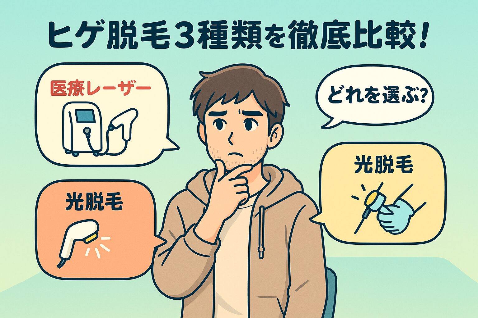 20〜30代の男性キャラクターが「どれを選ぶ?」と悩むRPG風イラスト。医療レーザー脱毛、光脱毛、ニードル脱毛の3種類の選択肢が吹き出しで表示されている