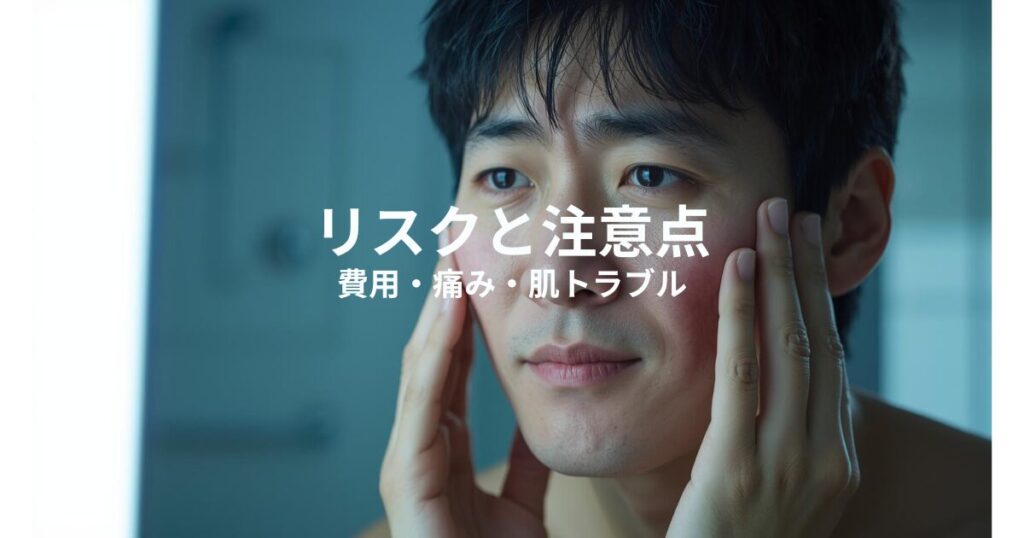 ヒゲ脱毛のデメリットやリスクをイメージしたリアルなアニメ風イラスト。男性がクリニックで費用や痛み、肌トラブルについて不安そうに考えている様子。