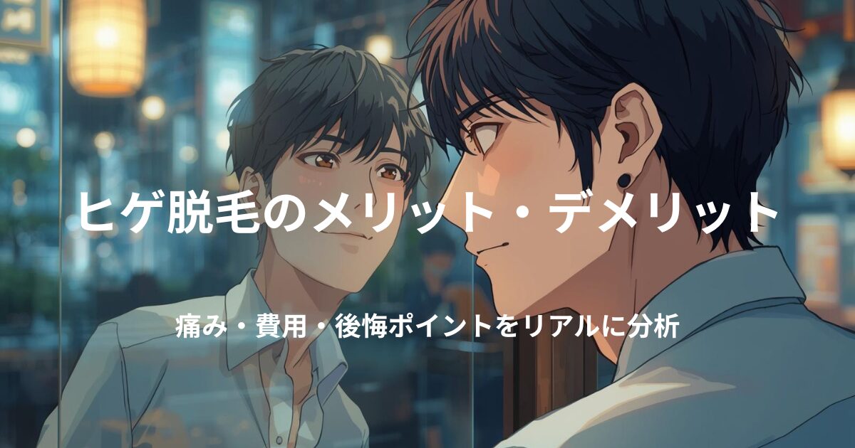 ヒゲ脱毛のメリットとデメリットを考えること男性。鏡の前で自分の顔を見つめるリアルなアニメ風イラスト。