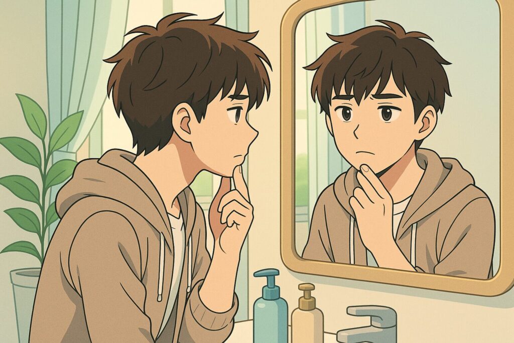 洗面所の鏡を見ながら顎に手を当て、髭を気にする10代後半から20代前半の男性を描いたアニメ調イラスト