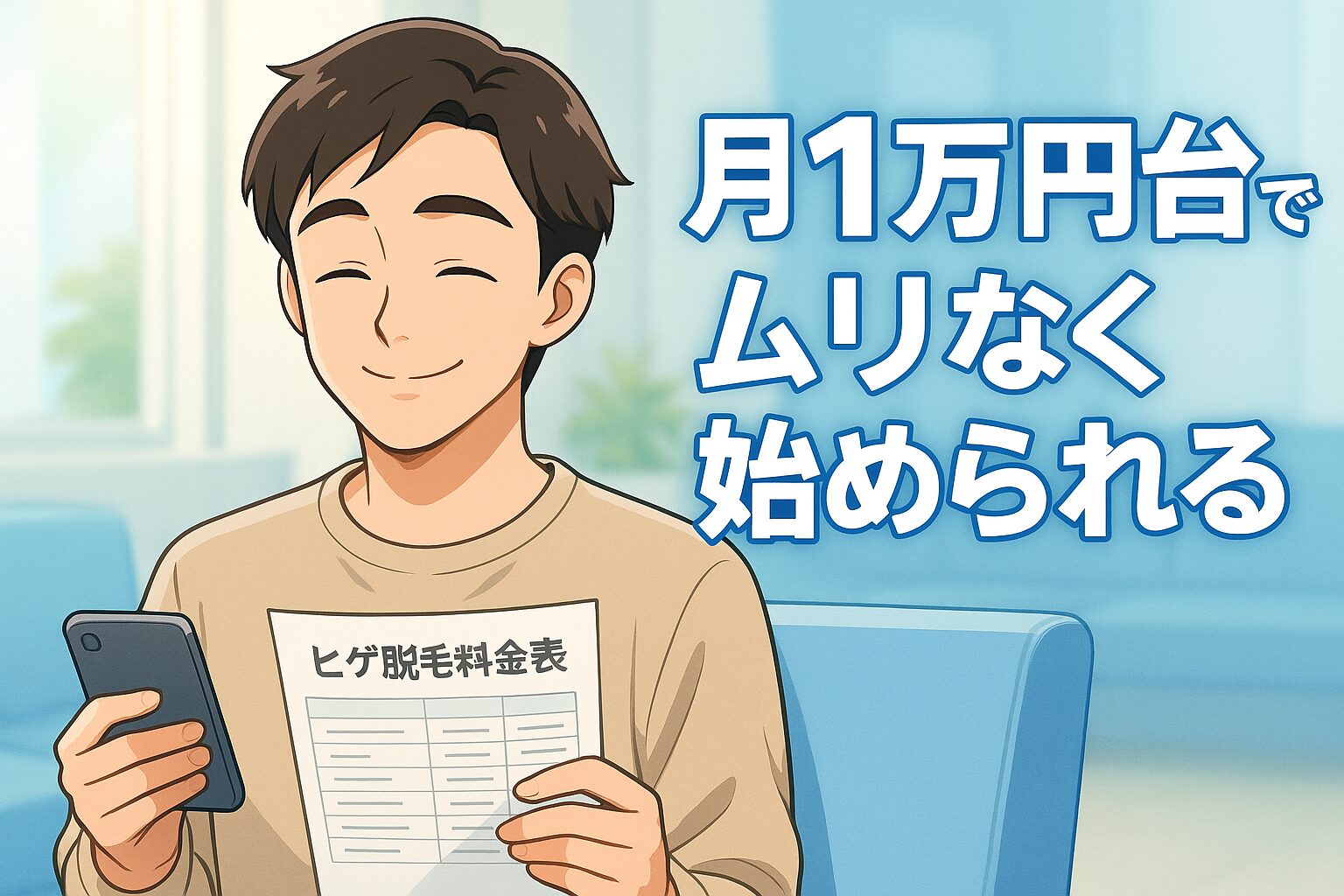 ヒゲ脱毛の料金表を見て安心する20代男性のアニメイラスト。明るい医療クリニックの待合室で微笑み、月1万円台で始められる料金にホッとしている様子。