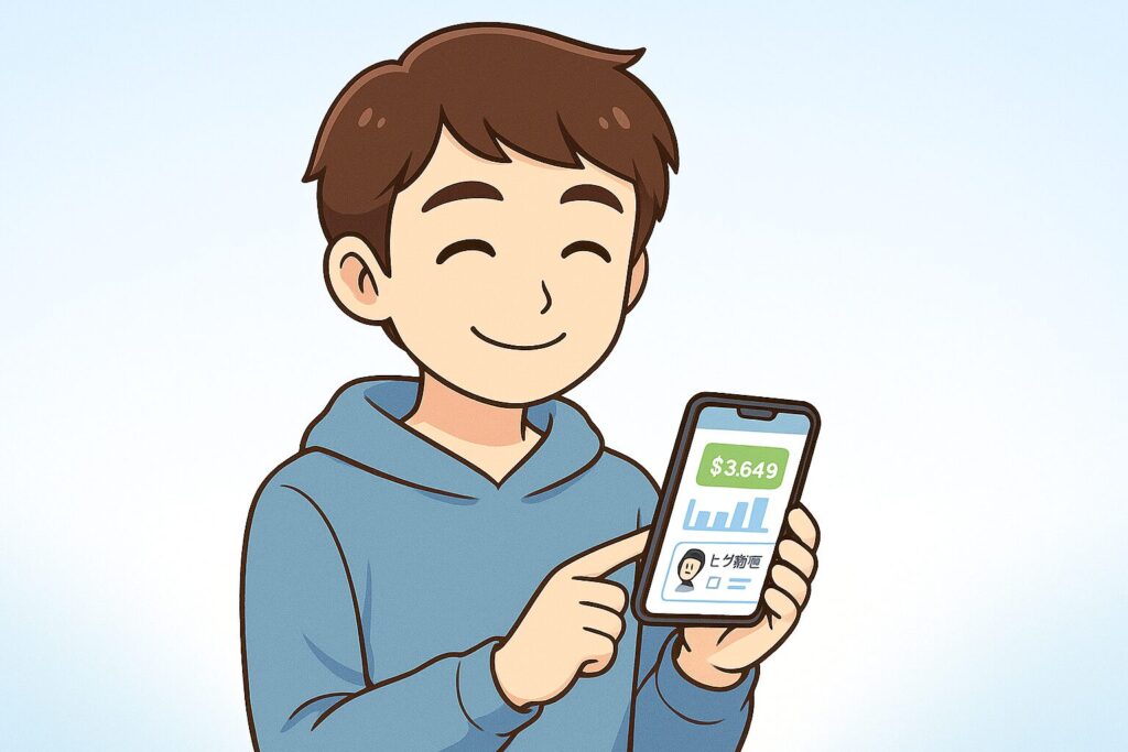 スマホの家計簿アプリを見ながら「無理なくヒゲ脱毛を続けられそう」と安心して微笑む大学生のイラスト。青系の柔らかい色づかいで、前向きに家計管理しながら脱毛を続けるイメージを表現している。