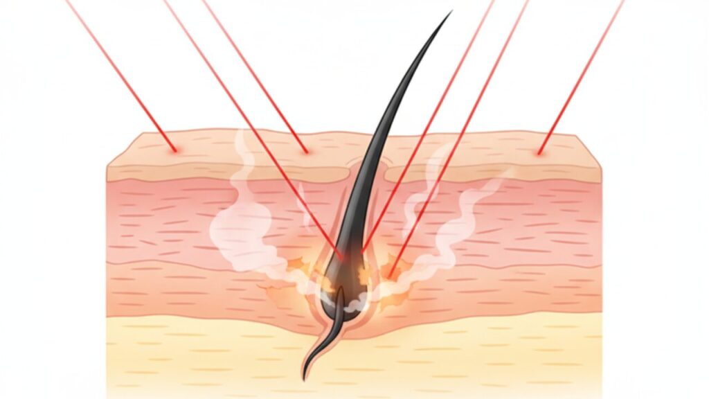 医療レーザー脱毛の仕組みを示す断面図。赤いレーザー光が毛根の発毛組織に届き、熱エネルギーで毛を生えにくくしている様子を描いた医療イラスト。