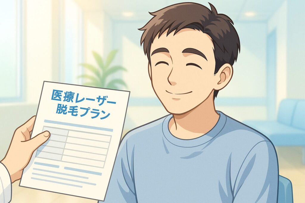 男性がクリニックの待合室でヒゲ脱毛の料金説明を聞き、安心した表情をしているアニメイラスト