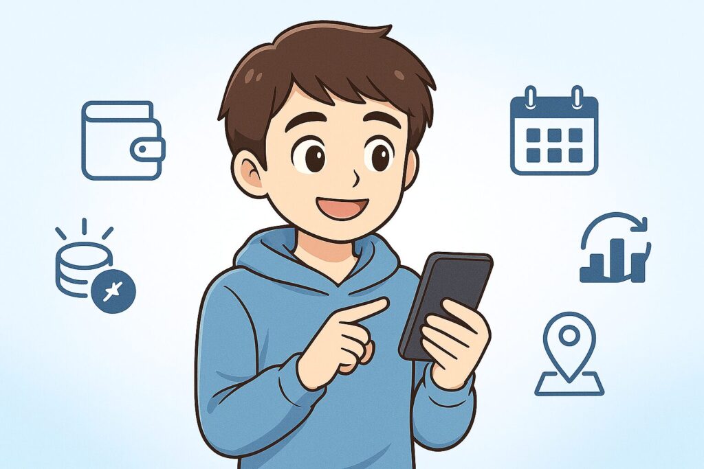 スマホを見ながら「月1万円台なら無理なく続けられる」と安心して微笑む大学生のイラスト。周囲に財布・カレンダー・棒グラフ・循環矢印のアイコンが描かれており、医療レーザー脱毛の支払い方法を無理なく管理できるイメージを表している。