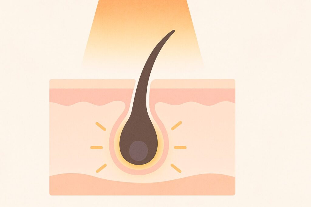 光脱毛(IPL)の光が毛根のメラニンに反応して熱を伝え、毛の成長力を弱めていく仕組みを示したアニメ調の断面図イラスト。