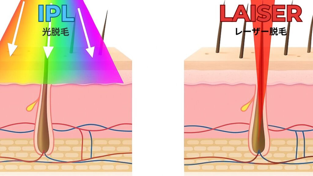 光脱毛(IPL)と医療レーザー脱毛の違いを示したアニメ調の断面図。IPLの光は浅く広がり、レーザーの光は深く毛根に届く様子を分かりやすく描いたイラスト。