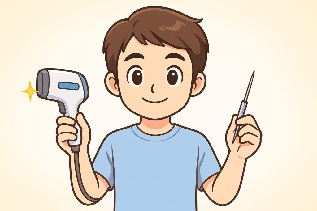 レーザー脱毛とニードル脱毛の違いや併用のメリットを示す男性キャラクターのイラスト