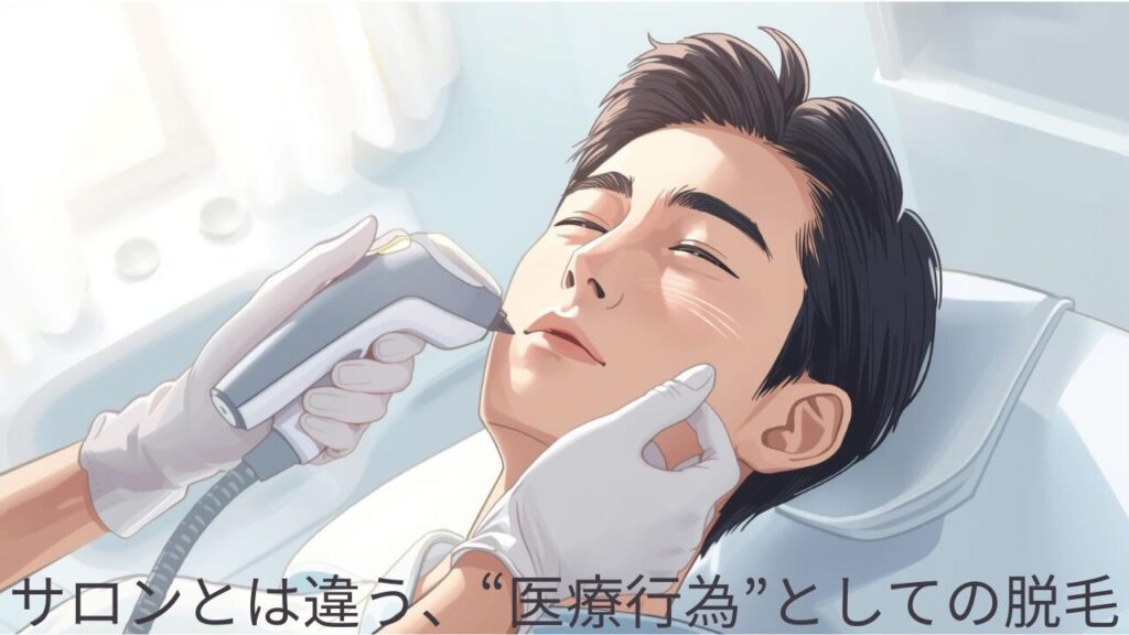 男性が医療レーザー脱毛の施術を受けている様子。白い施術室で看護師がレーザー機器をあご下に照射しているシーン。医療脱毛の安全性と信頼感を表す画像