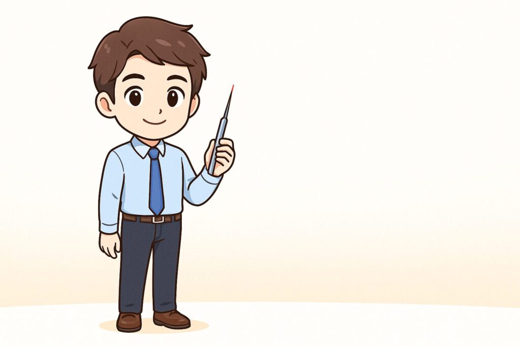 ニードル脱毛の痛みを説明するための、優しい雰囲気の男性アニメキャラクターと極細プローブ針のイラスト。