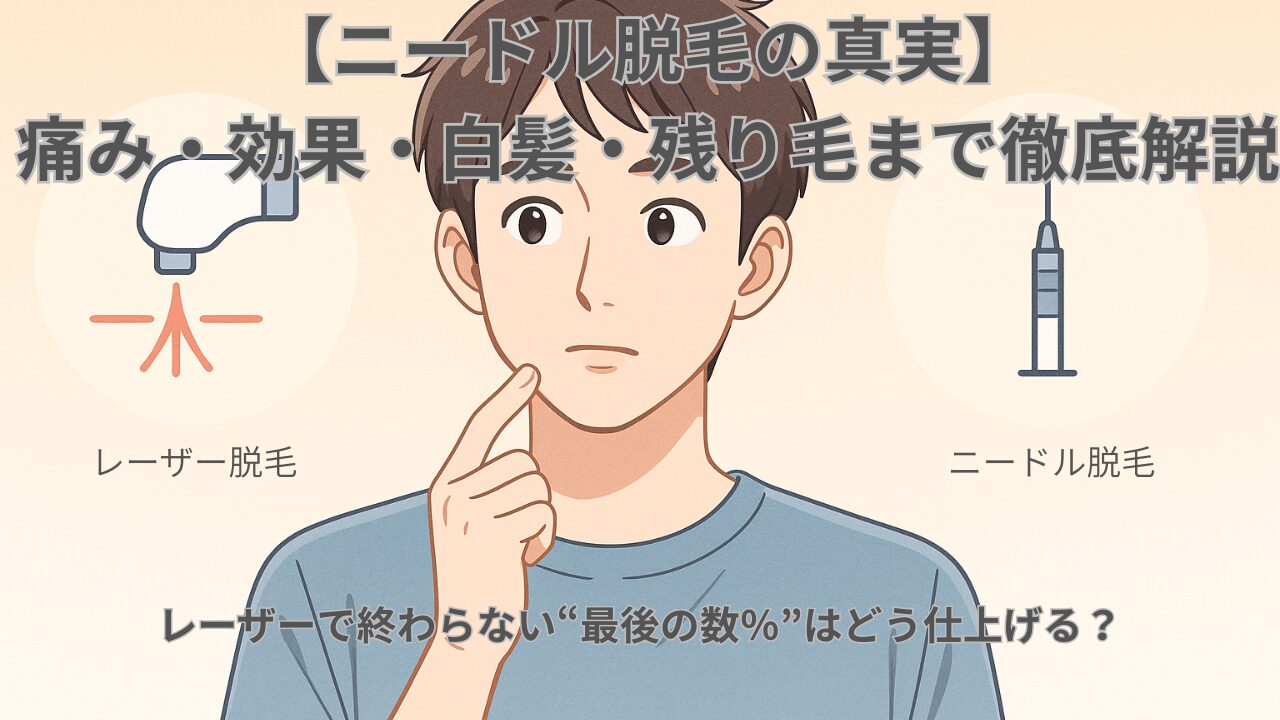 ニードル脱毛とレーザー脱毛のどちらを選ぶか迷っている20代男性のイラスト