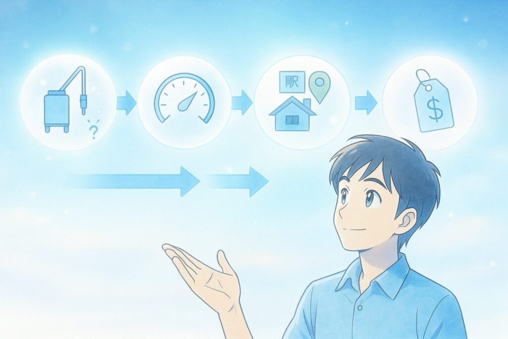 ひげ脱毛の選び方を4つの丸アイコンで説明。最後に値段を見る重要性を示すステップ式イメージ