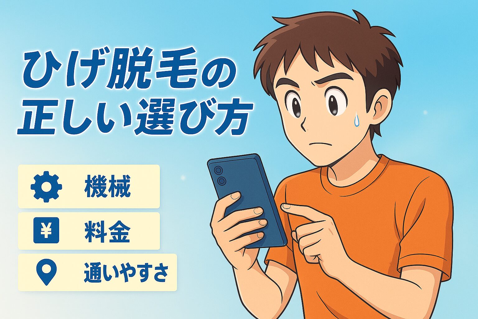 スマホでひげ脱毛クリニックを比較して迷う男性のイラスト。正しい選び方を示すアイキャッチ画像。