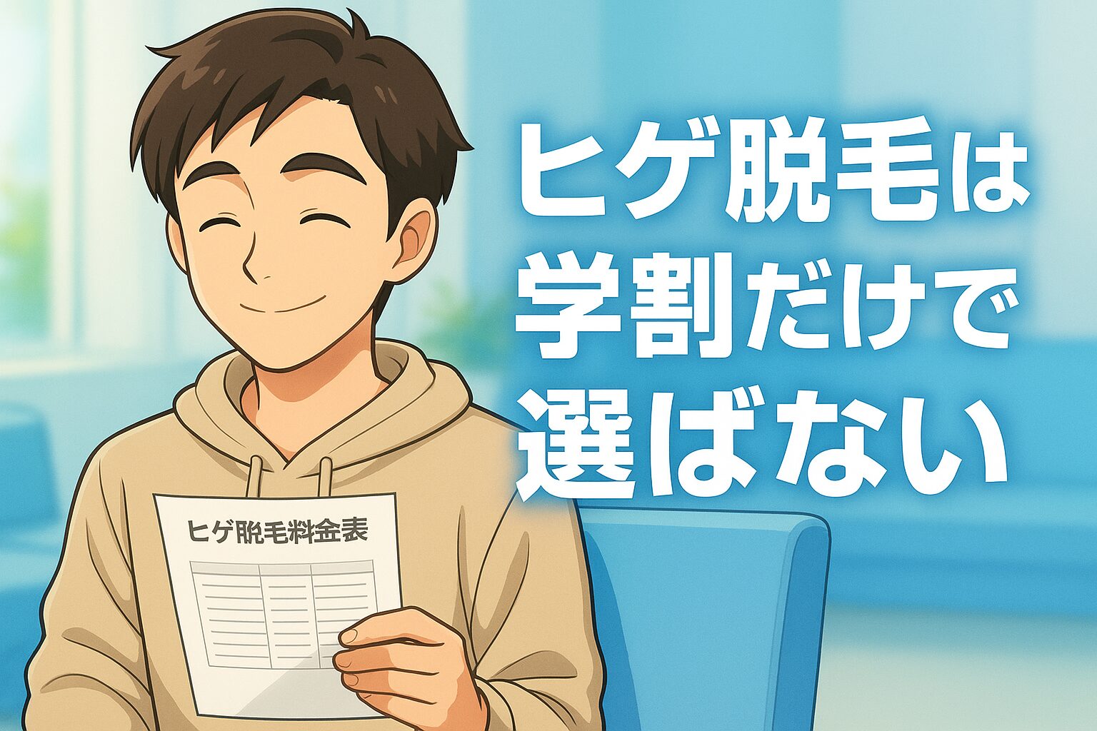 ヒゲ脱毛の料金表を見て安心した表情の大学生男性と、「ヒゲ脱毛は学割だけで選ばない」というメッセージが表示されているアイキャッチ画像。