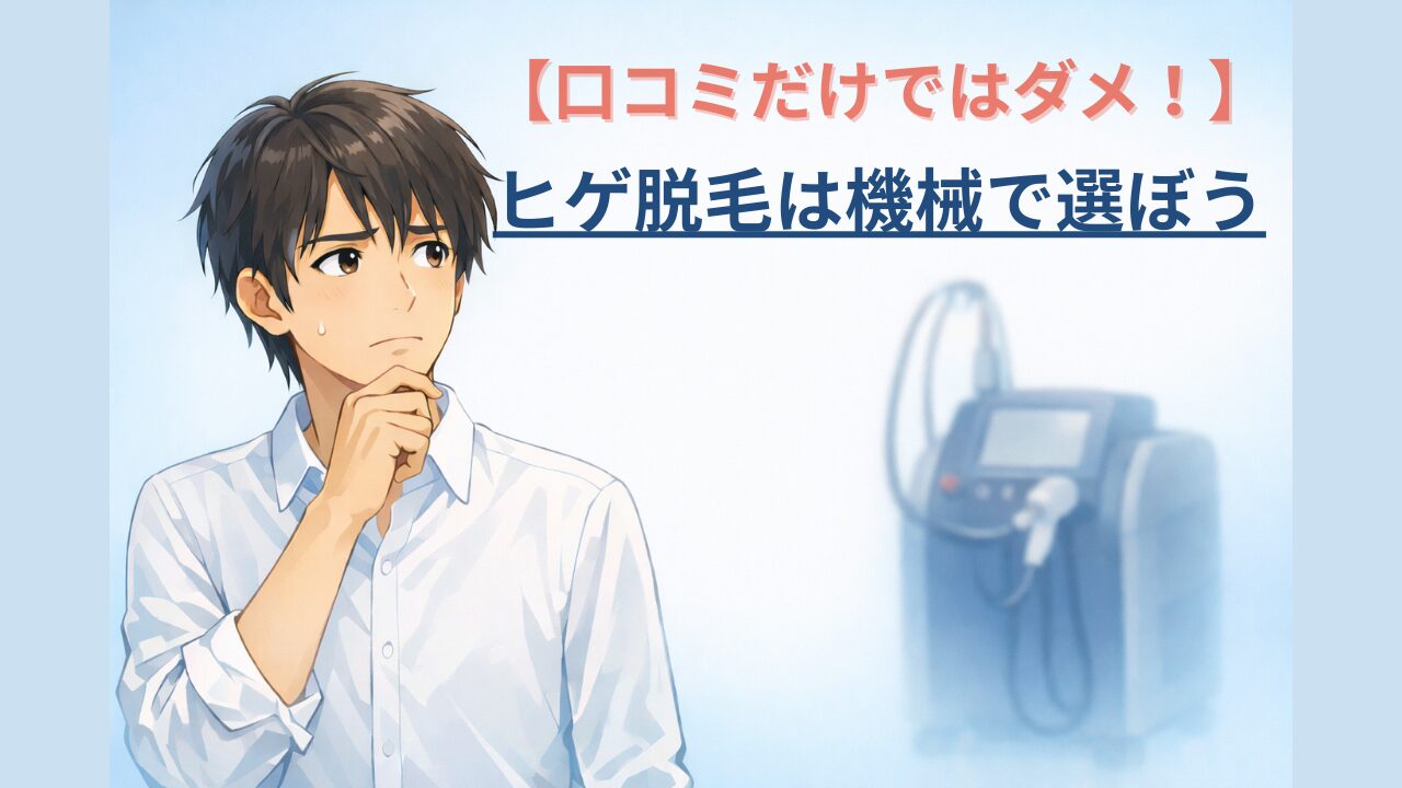 ヒゲ脱毛で機械選びに悩む男性と医療レーザー機器のイラスト