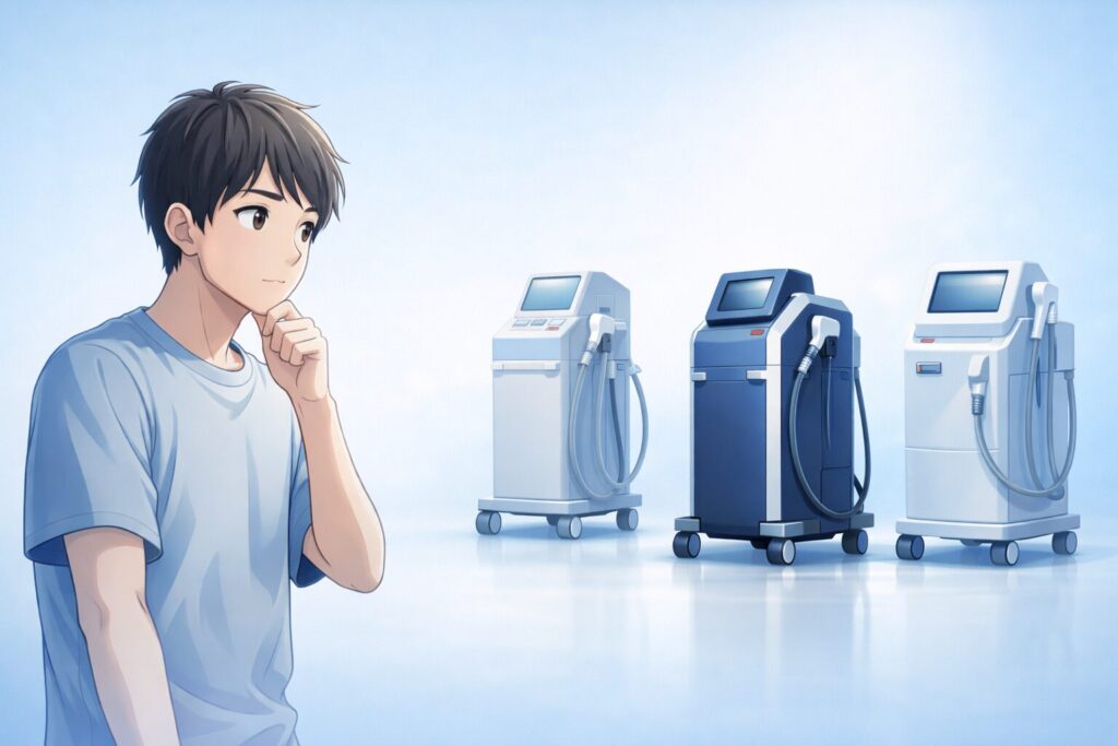 複数の医療レーザー脱毛機と機械選びを考える男性のアニメ調イラスト