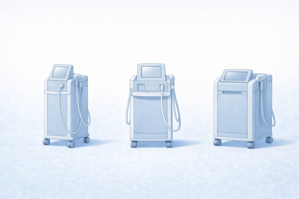 最新の医療レーザー脱毛機を3台並べて比較しているイラスト
