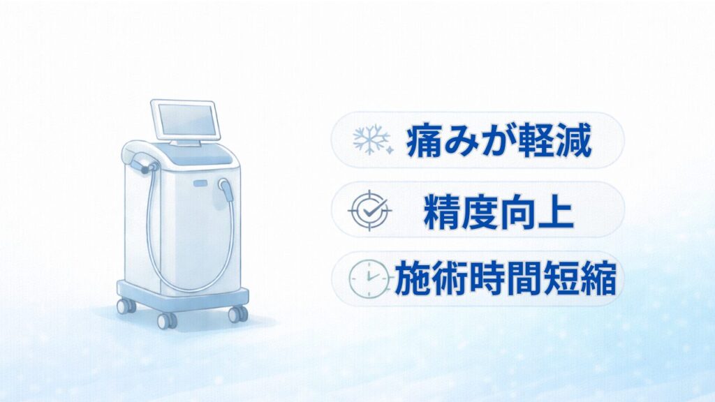 医療レーザー脱毛の機器と、痛み配慮・精度向上・施術時間短縮を表すイメージ図