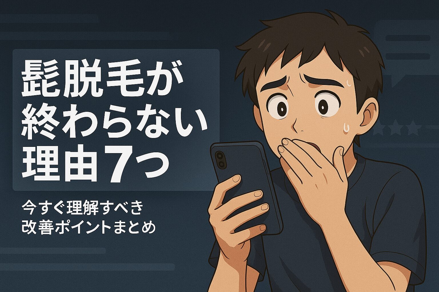 スマホの口コミを見て髭脱毛が終わらない理由に悩む20代男性のイラスト