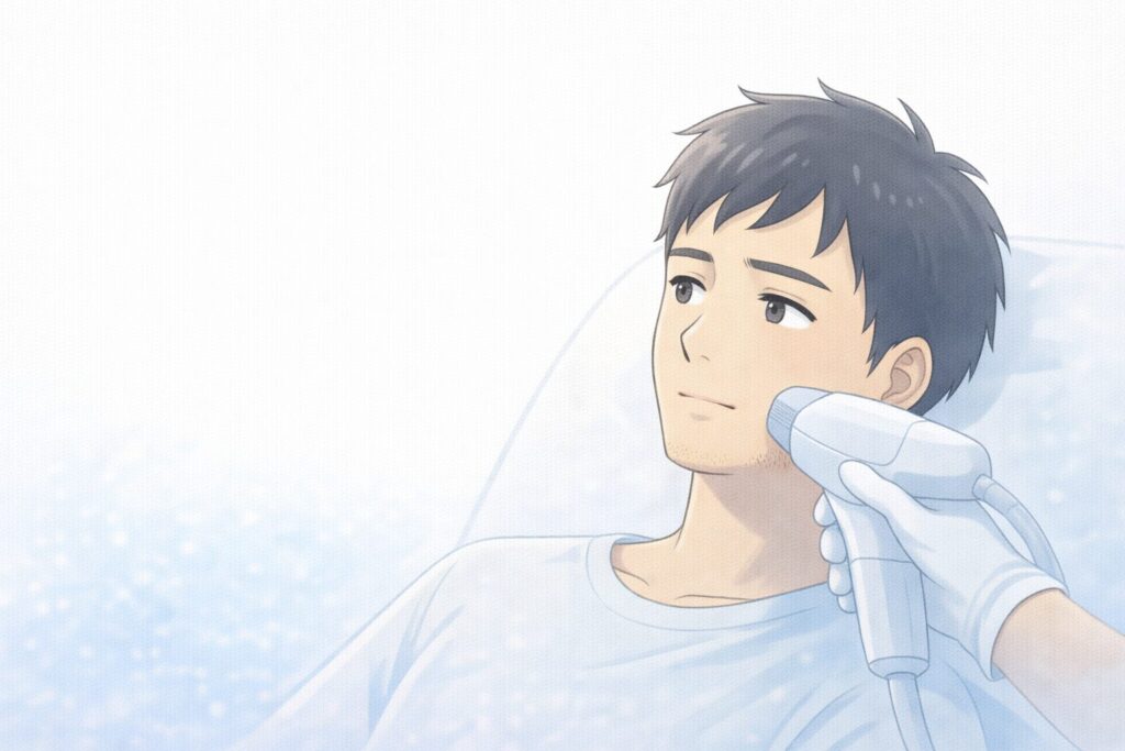 医療レーザーによるヒゲ脱毛を受ける男性。最新機種は本当に痛くないのかを解説する見出し用イメージ