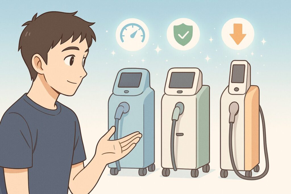 ひげ脱毛のレーザー機器3台(青・緑・オレンジ)が並び、男性が性能アイコン(速度・安全・深さ)を見て選ぼうとしているアニメ風イラスト