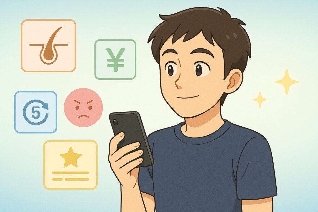 スマホで脱毛情報を調べながら「乗り換えた方が良さそう」と気づき表情が明るくなる20代男性のイラスト