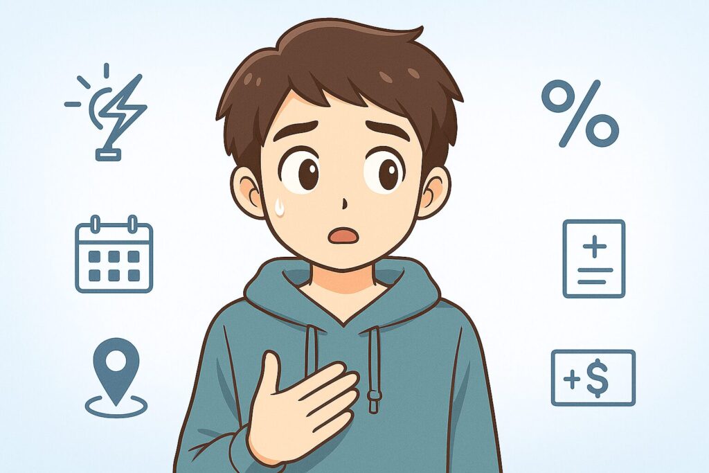 ヒゲ脱毛で大学生がハマりやすい4つの落とし穴を象徴するアイコンを見て、少しヒヤッとした表情をする男性のイラスト。効果不足・割引の誘惑・通いにくさ・追加料金への注意を示している。