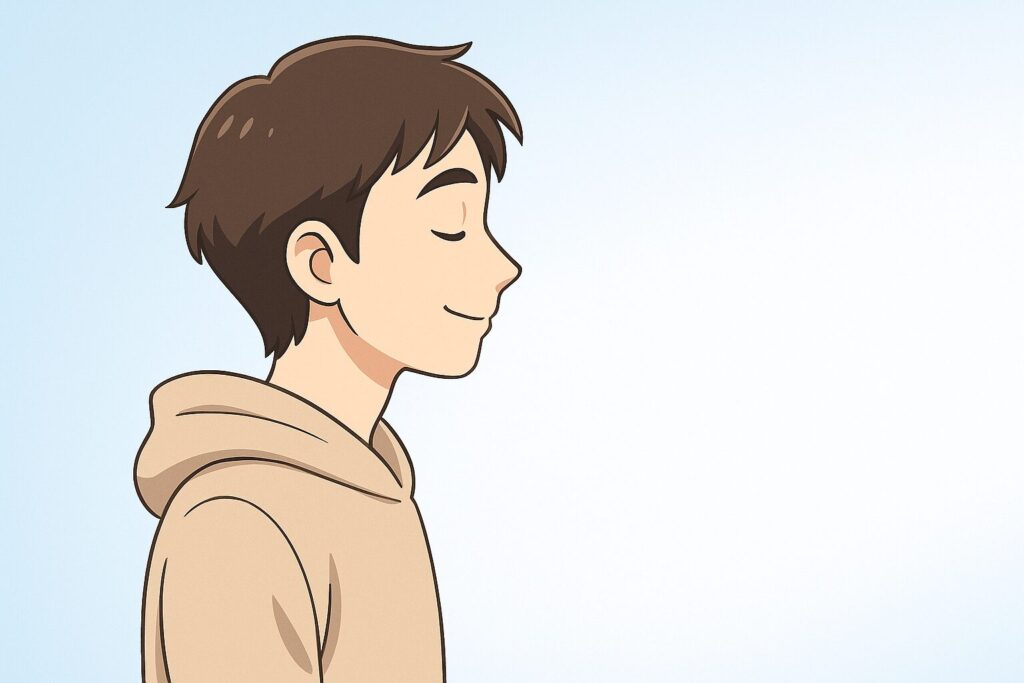 大学生の男性が横顔で深呼吸しながら微笑み、安心した表情で落ち着いている様子のイラスト。淡い青と白のグラデーション背景で、静かで優しい雰囲気を表現。