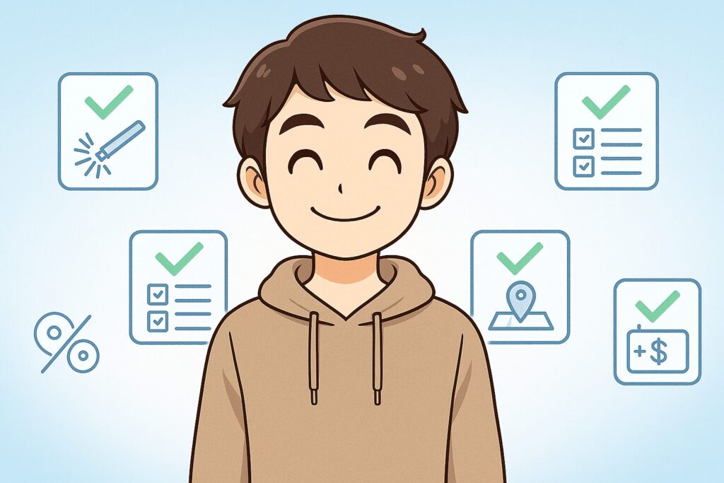 前向きな笑顔の大学生が、医療レーザー・機械・通いやすさ・総額の4つのアイコンに囲まれ、自分に合ったヒゲ脱毛の選び方が理解できて安心した様子を表しているアニメ調イラスト。