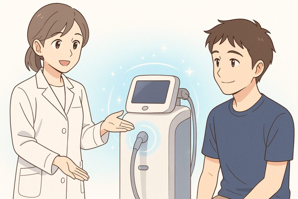 医療スタッフが医療レーザー機器を指しながら説明し、20代男性が安心した表情で聞いているアニメ調イラスト。