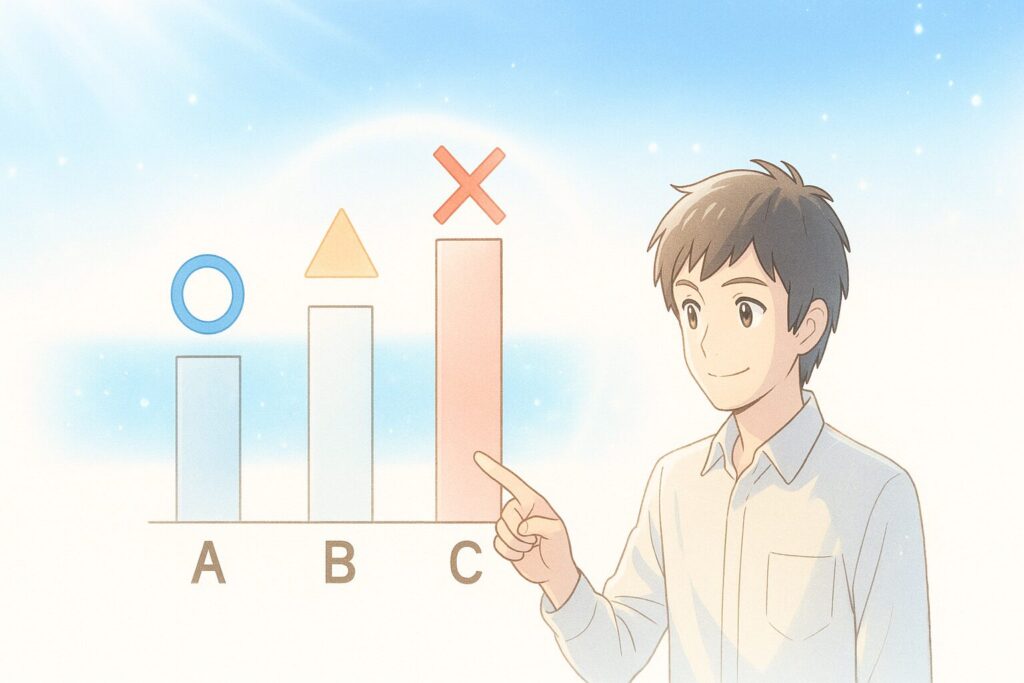 「3本の棒グラフのうち、相場帯内のAとBに丸と三角、相場より高いCにバツがつき、男性がAバーを指差しているイラスト。相場を知ったうえで最安を選ぶ流れを説明。」