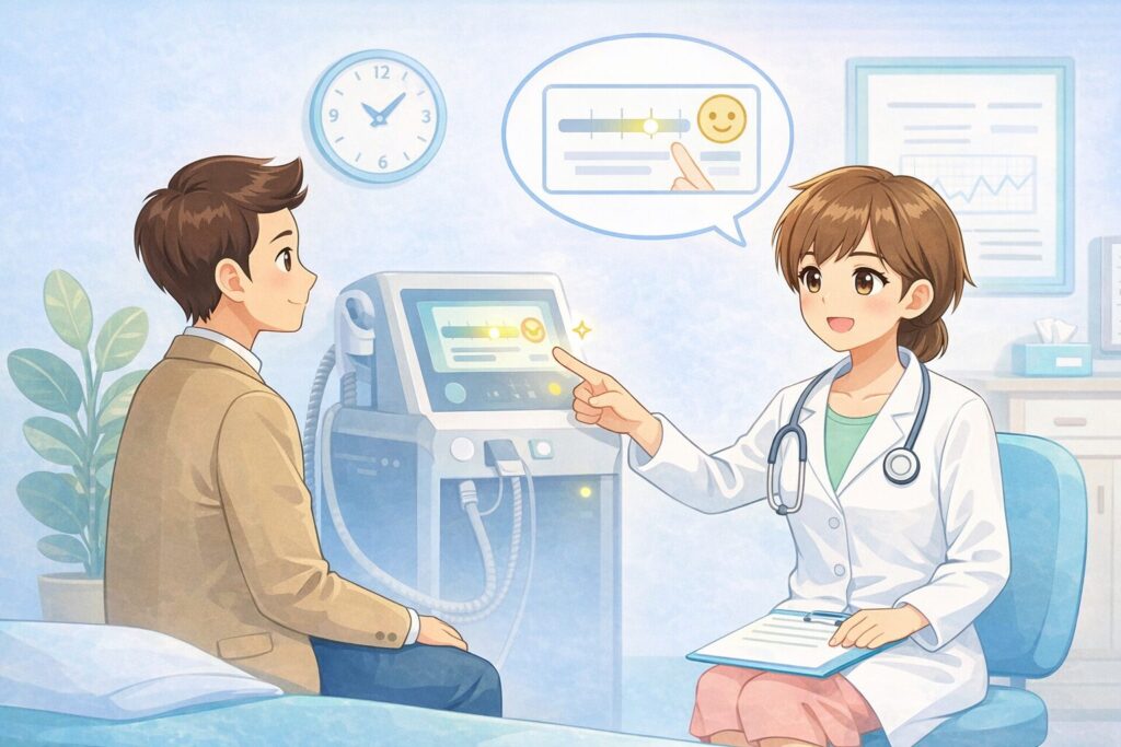 医療脱毛で実際に使われるパルス幅について、医師が男性に説明しているイラスト