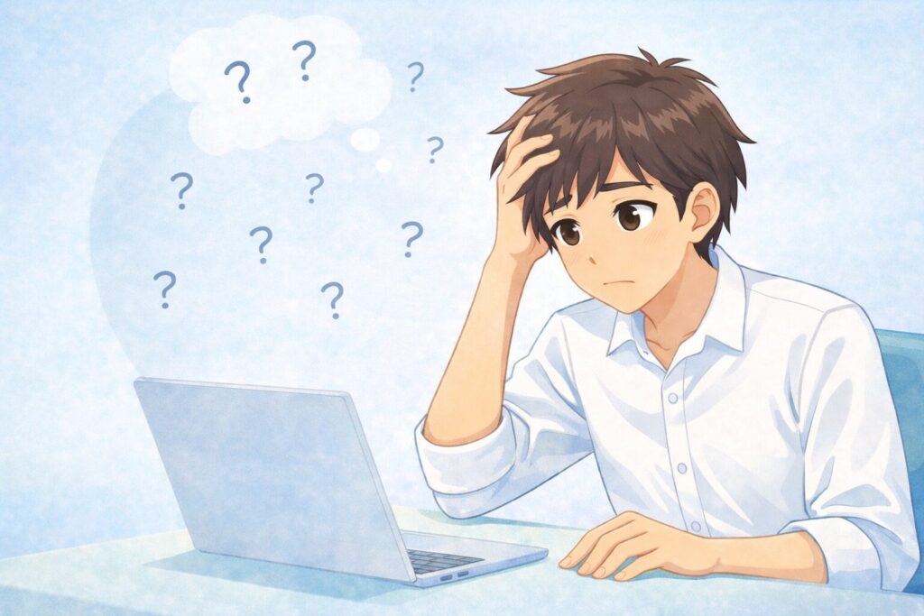 脱毛のパルス幅についてよく分からず、悩んでいる男性を表したイラスト