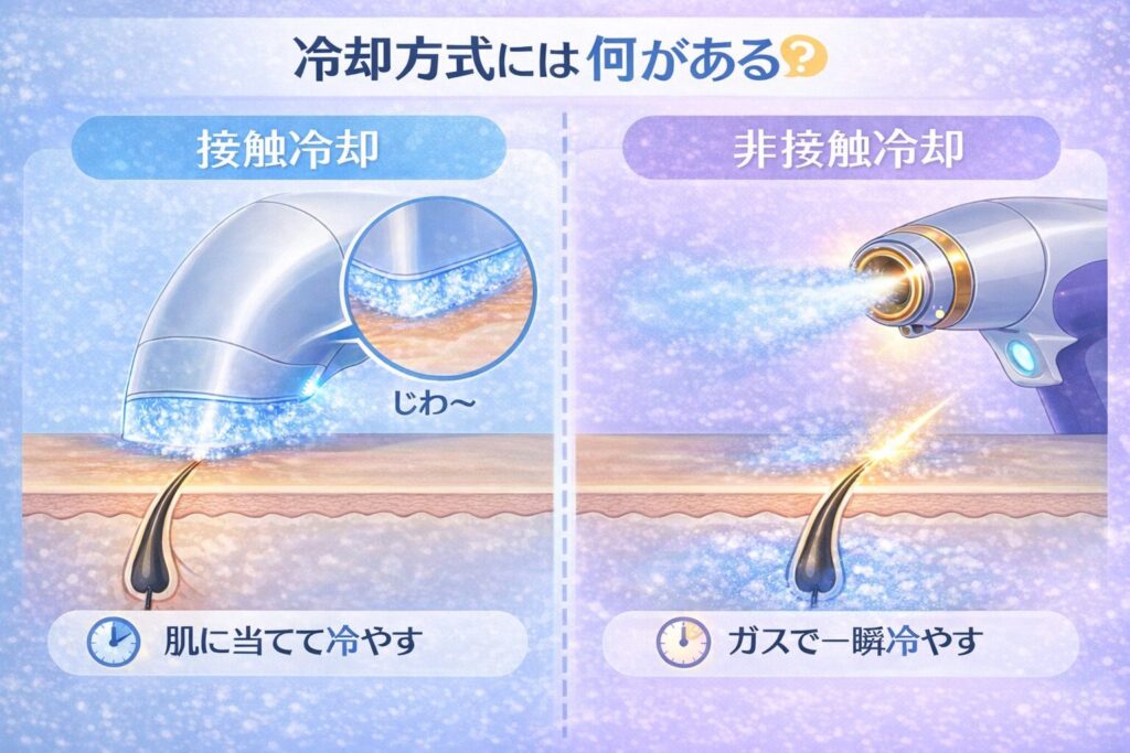 脱毛の冷却方式である接触冷却とガスによる非接触冷却を比較した図解イラスト