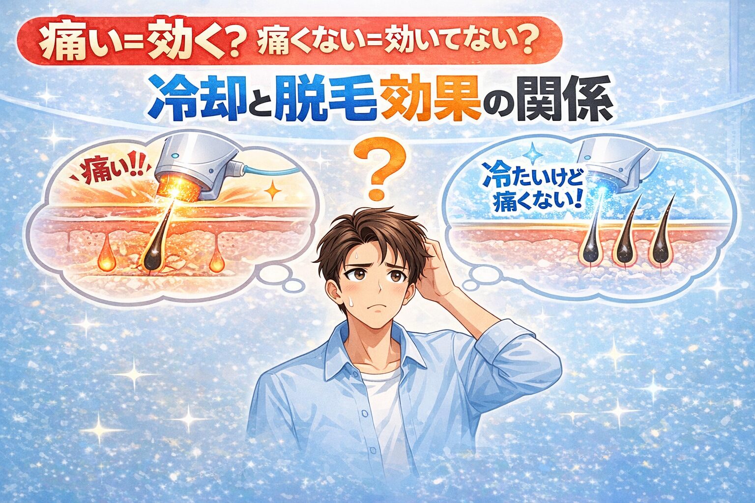 毛の冷却と痛み、効果の関係に疑問を持つ男性のイメージイラスト
