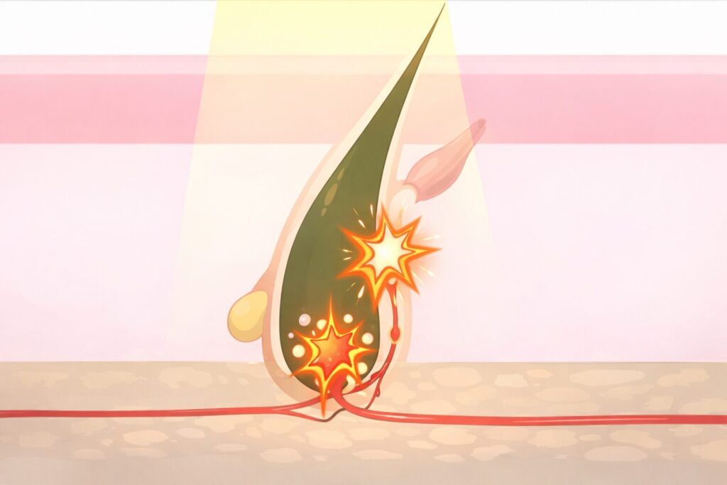 脱毛における波長の仕組みを示した毛根と皮膚のイラスト