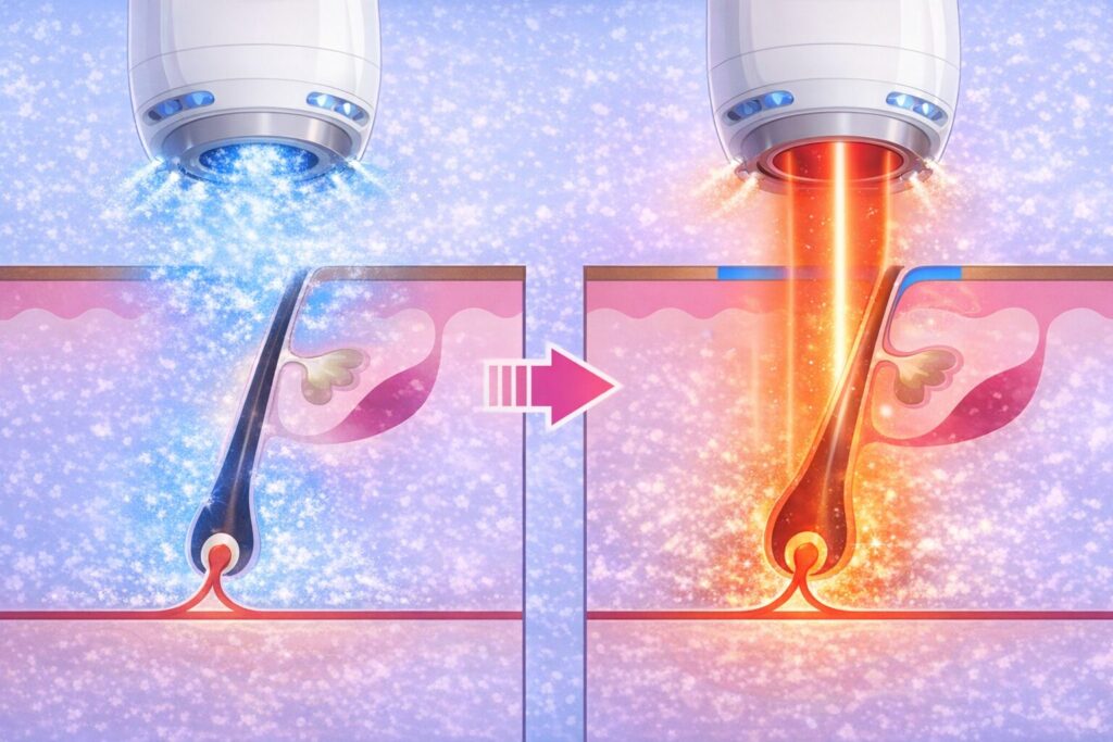 レーザー脱毛に使われるDCD方式で、照射直前に冷却ガスを噴射して痛みと熱を抑える仕組みを示した図