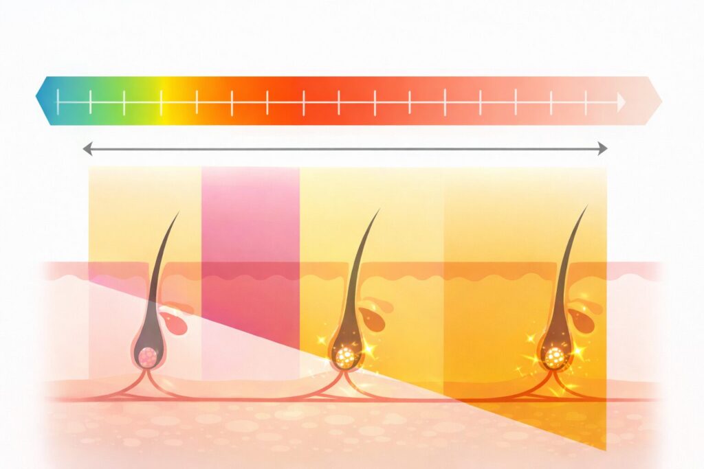 脱毛で使われる光の性質（波長）が、毛の深さにどう影響するかを表した図