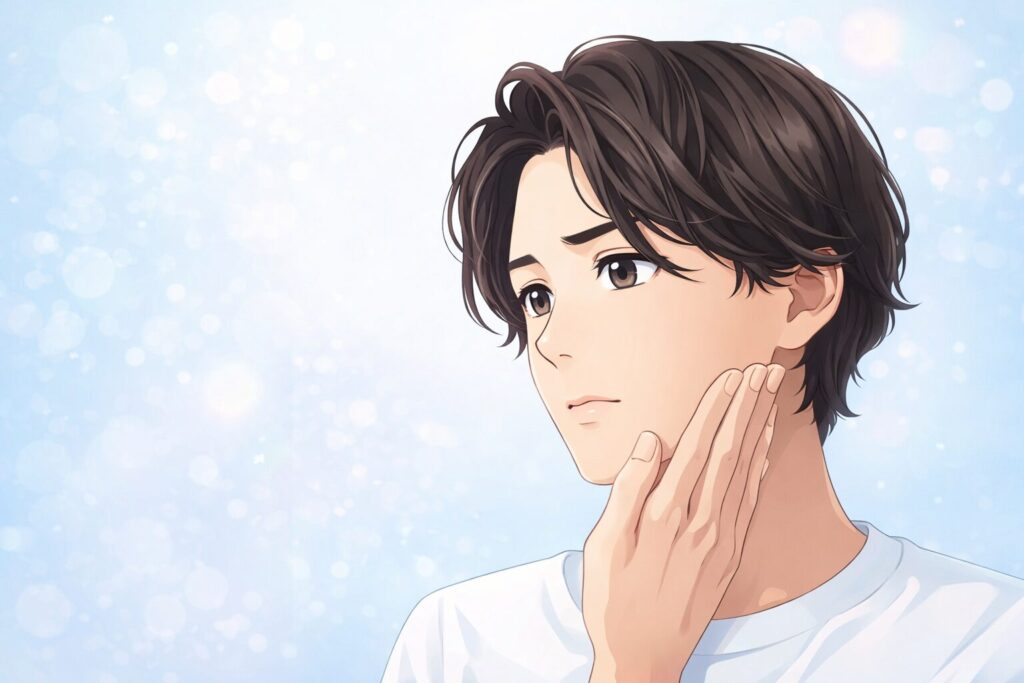 ヒゲ脱毛でどの波長を選べばよいか悩む男性を描いたアニメ調イラスト