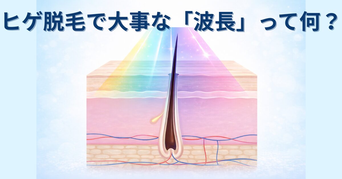 ヒゲ脱毛における波長の違いと、光が毛根まで届く仕組みを示した図解イラスト