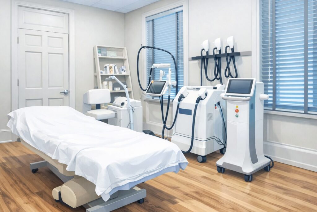 医療レーザー脱毛の施術室と脱毛機器を描いたアニメ調イラスト