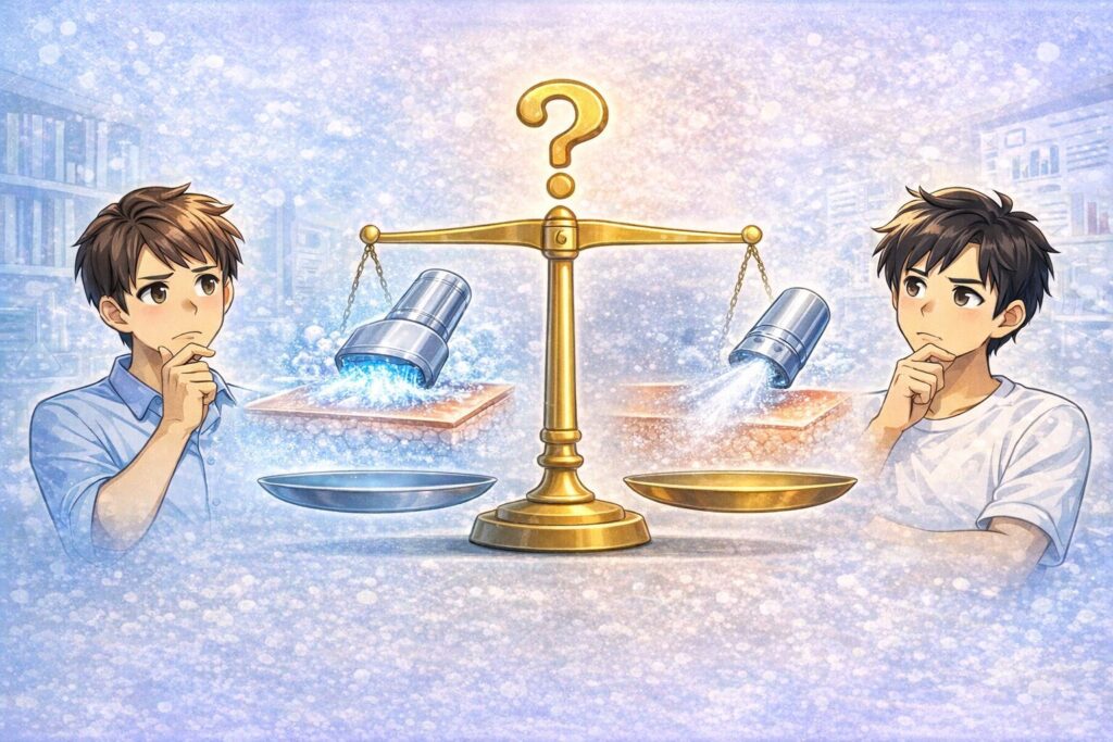 レーザー脱毛における異なる冷却方式を天秤で比較し、単純な優劣では判断できないことを示したイラスト