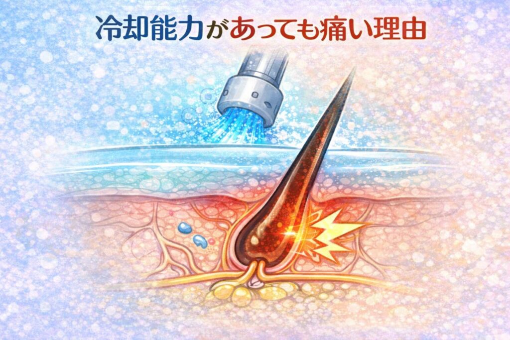 レーザー脱毛において、冷却があっても刺激や痛みを感じる場合があることを、皮膚断面のイラストで説明した図