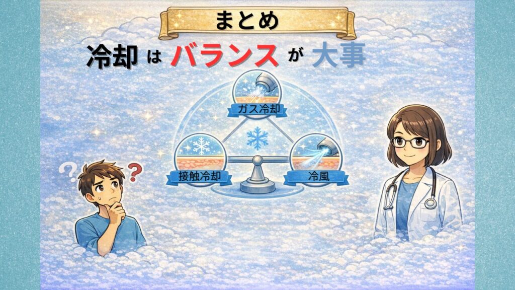 レーザー脱毛の冷却や機種選びについて、正解探しではなく考え方の整理が大切であることを表現したイラスト