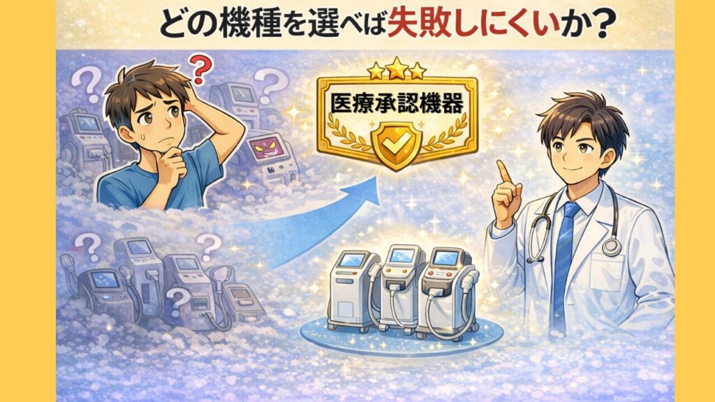 レーザー脱毛の機種選びに悩む男性と、安心して選びやすい機器の考え方を示したイラスト