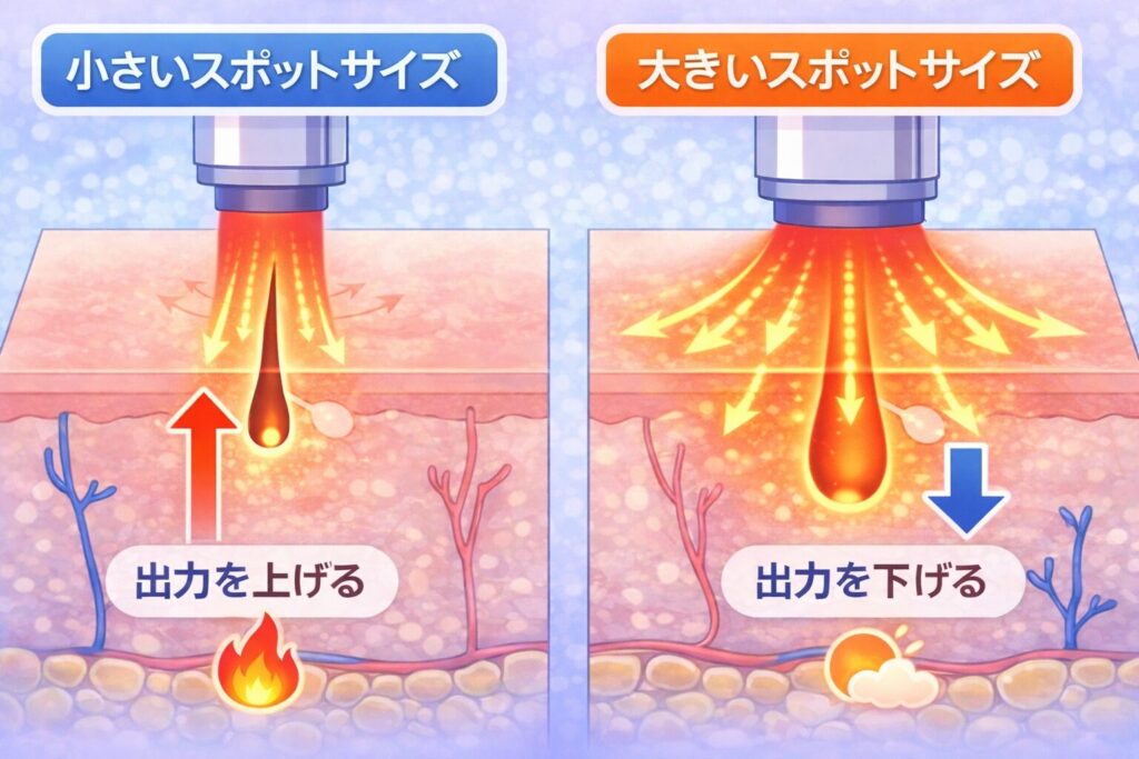 スポットサイズが小さい場合と大きい場合で、レーザーの出力が調整されていることを示した図