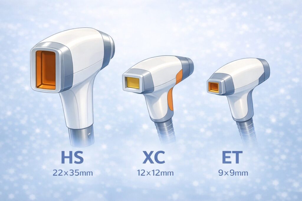 LightSheer Quattroに付属する3種類のハンドピースを比較し、照射面の大きさと形の違いが分かるイラスト