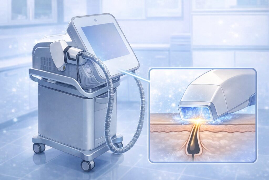 LightSheer Quattro(ライトシェアクアトロ)の医療レーザー脱毛機本体をアニメ調で表現したイラスト