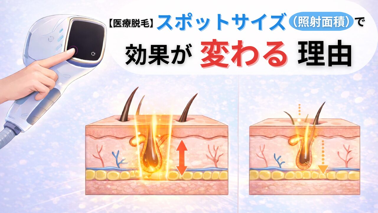 医療脱毛でスポットサイズ（照射面積）の違いによって、レーザーの届く深さや脱毛効果が変わることを示した図解