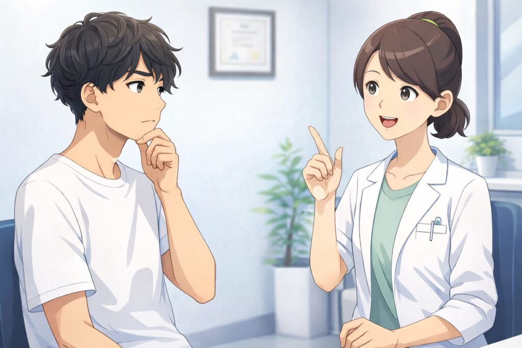 どの医療レーザー脱毛機を選ぶか悩んでいる人が相談している様子